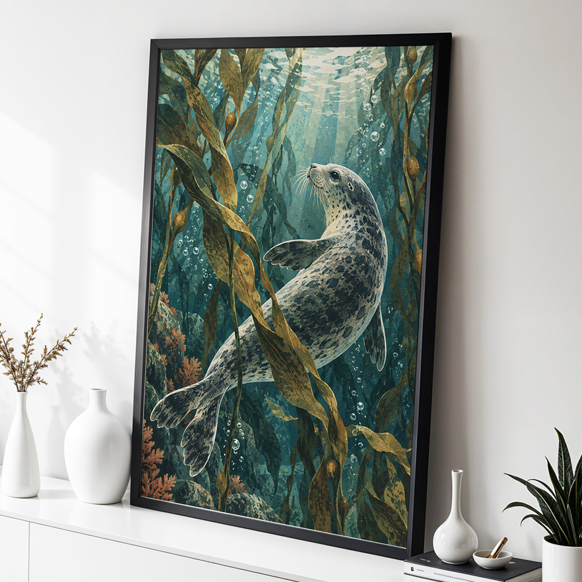 Kelp Forest Drift, blue, green, brown nature wall art displayed in a styled interior, gallery view 2