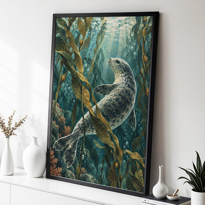 Kelp Forest Drift, blue, green, brown nature wall art displayed in a styled interior, gallery view 2