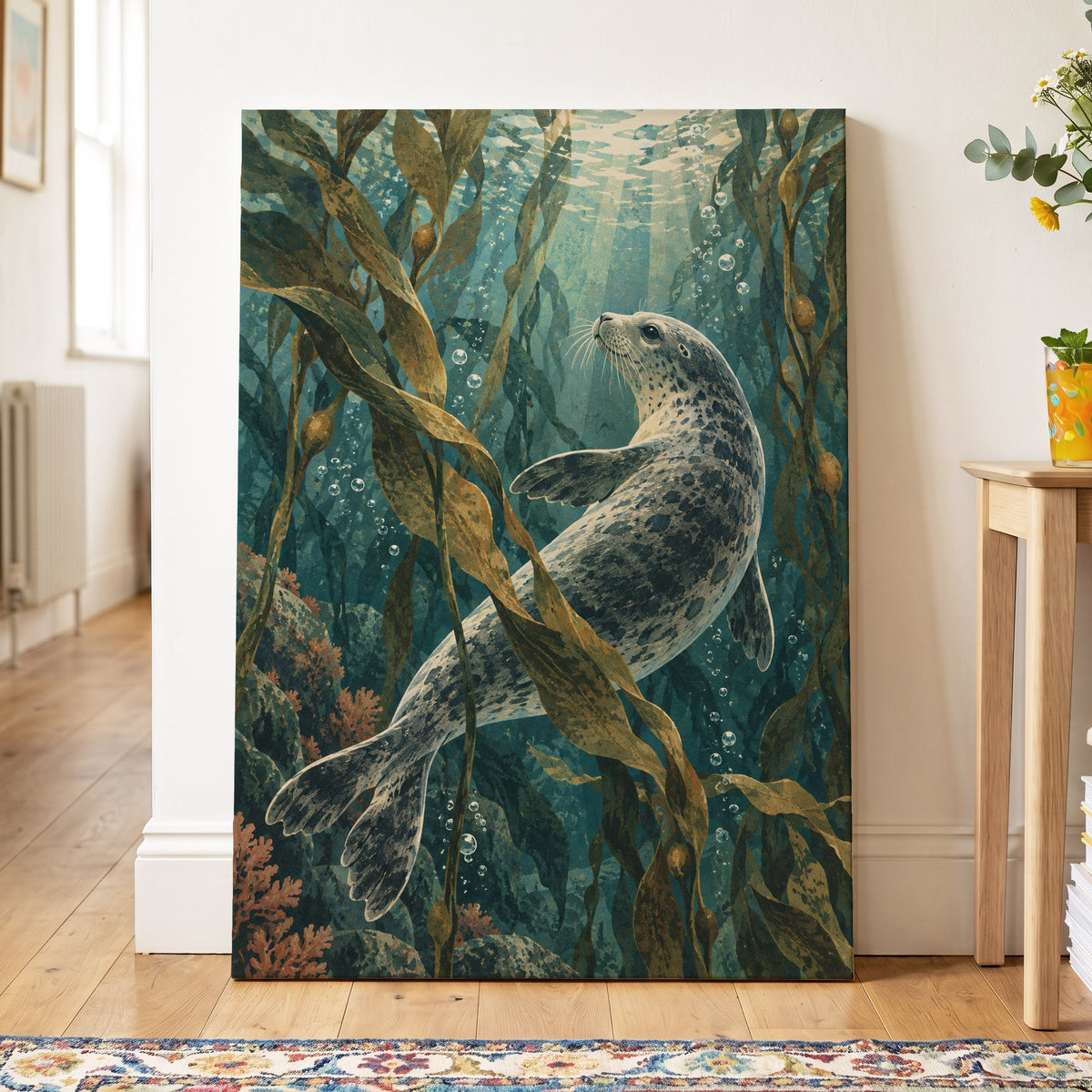 Kelp Forest Drift, blue, green, brown nature wall art displayed in a styled interior, gallery view 3