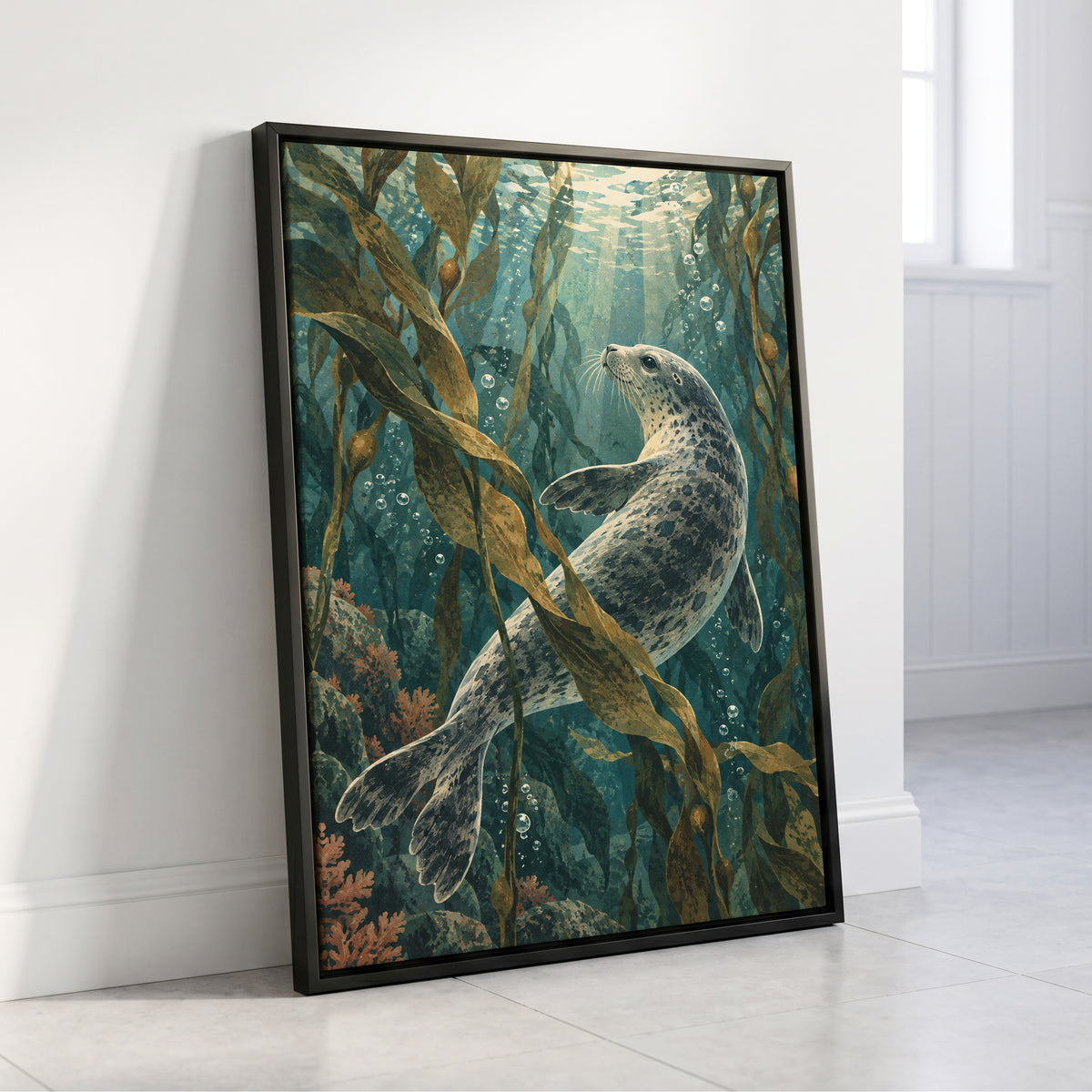 Kelp Forest Drift, blue, green, brown nature wall art displayed in a styled interior, gallery view 4