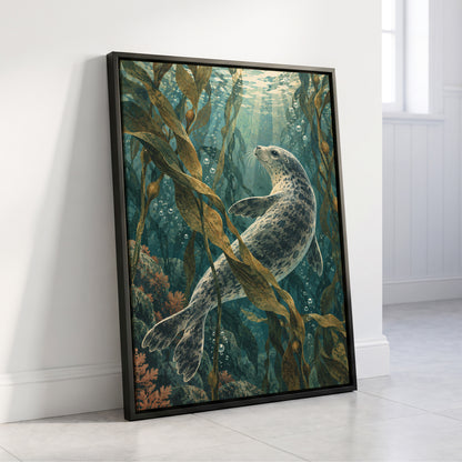 Kelp Forest Drift, blue, green, brown nature wall art displayed in a styled interior, gallery view 4