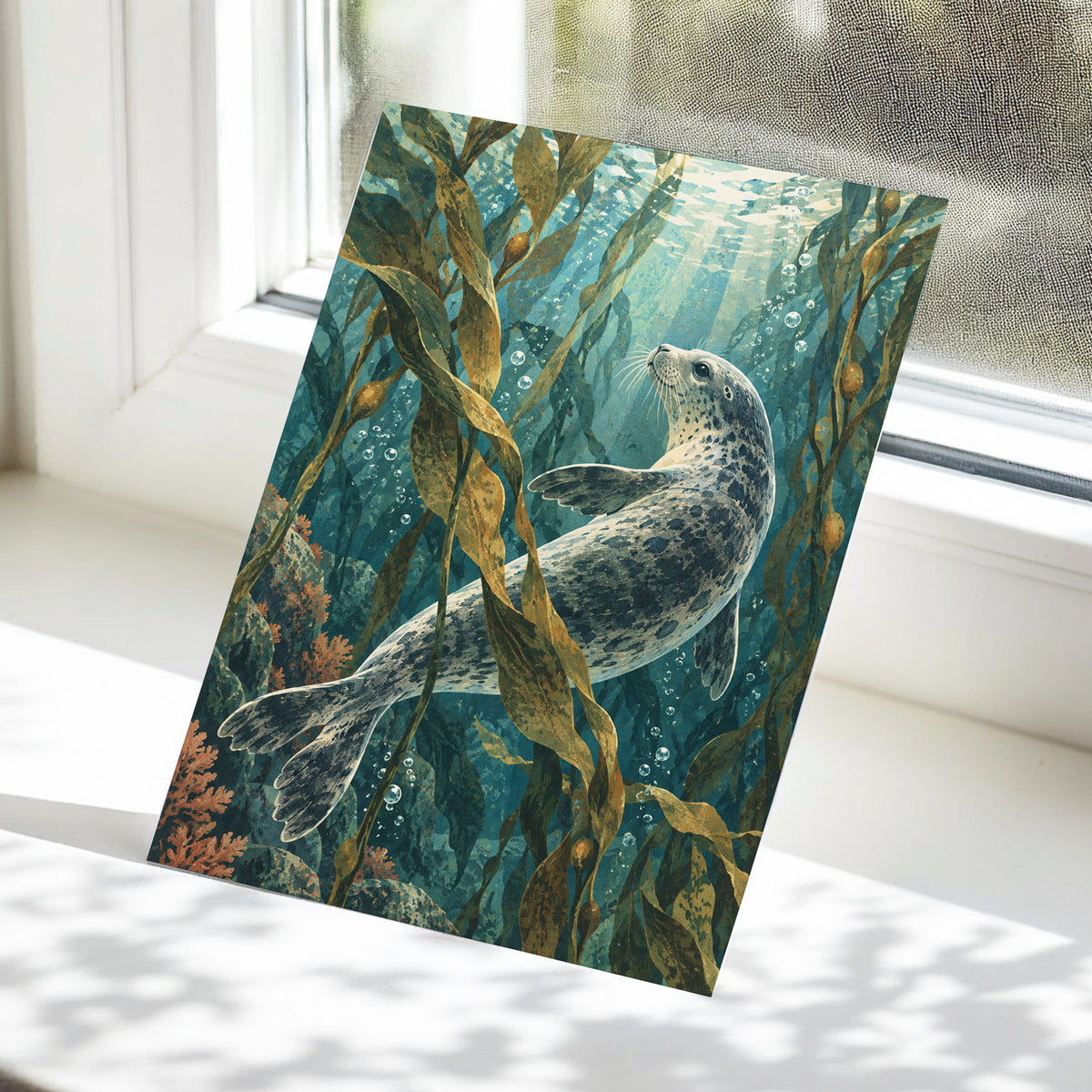 Kelp Forest Drift, blue, green, brown nature wall art displayed in a styled interior, gallery view 5