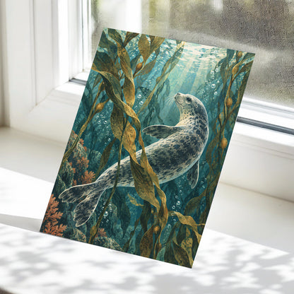 Kelp Forest Drift, blue, green, brown nature wall art displayed in a styled interior, gallery view 5