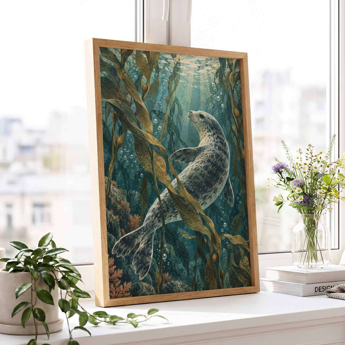 Kelp Forest Drift, blue, green, brown nature wall art displayed in a styled interior, gallery view 6