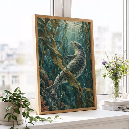 Kelp Forest Drift, blue, green, brown nature wall art displayed in a styled interior, gallery view 6