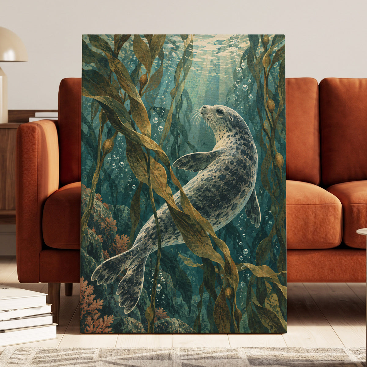 Kelp Forest Drift, blue, green, brown nature wall art displayed in a styled interior, gallery view 7