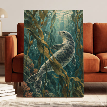 Kelp Forest Drift, blue, green, brown nature wall art displayed in a styled interior, gallery view 7