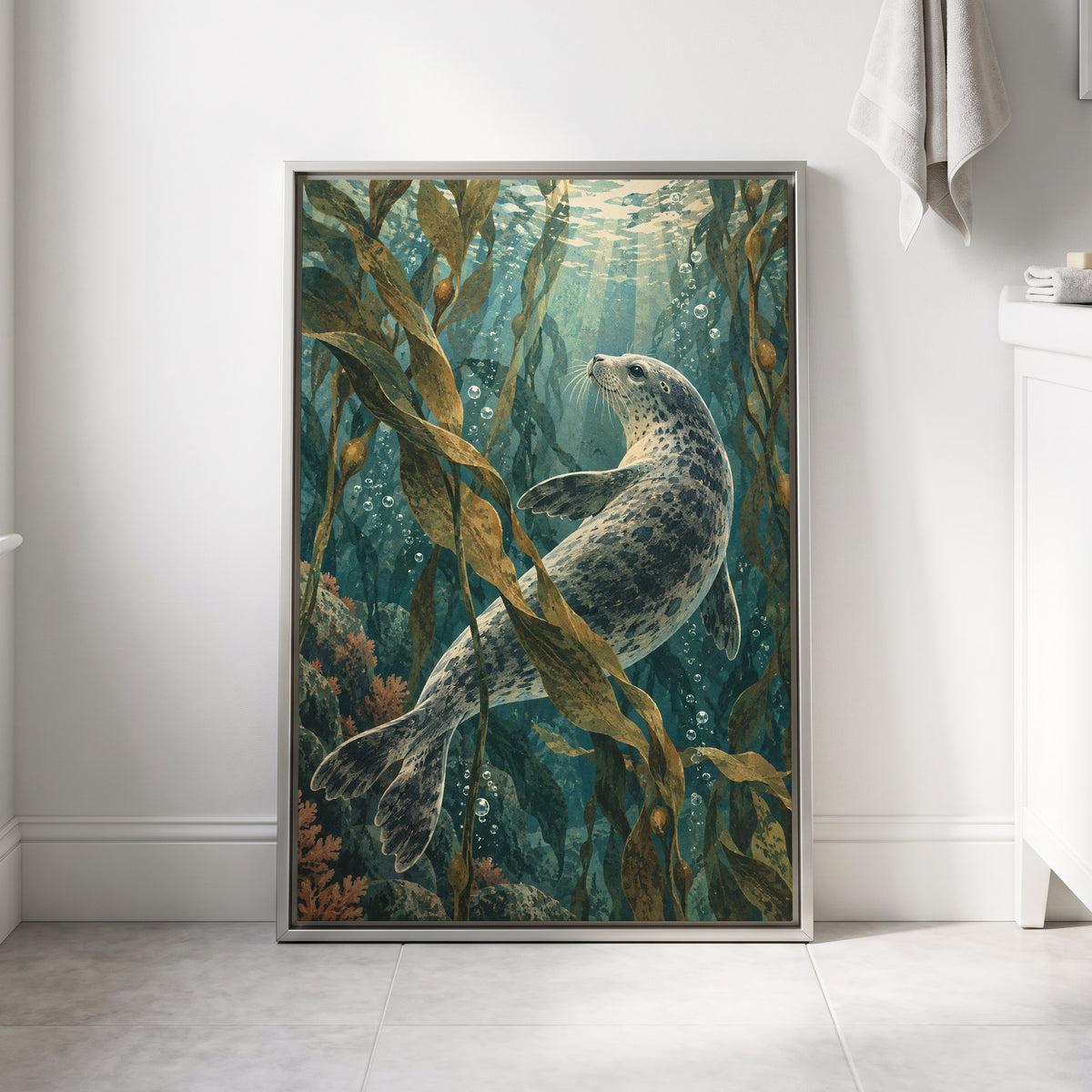 Kelp Forest Drift, blue, green, brown nature wall art displayed in a styled interior, gallery view 8