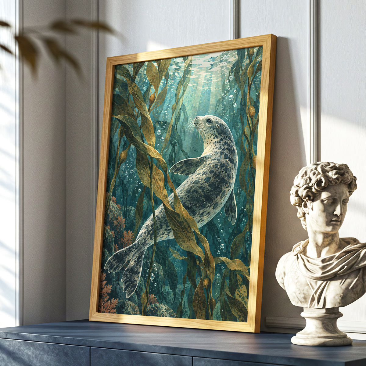 Kelp Forest Drift, blue, green, brown nature wall art displayed in a styled interior, gallery view 9