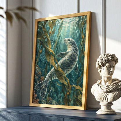 Kelp Forest Drift, blue, green, brown nature wall art displayed in a styled interior, gallery view 9