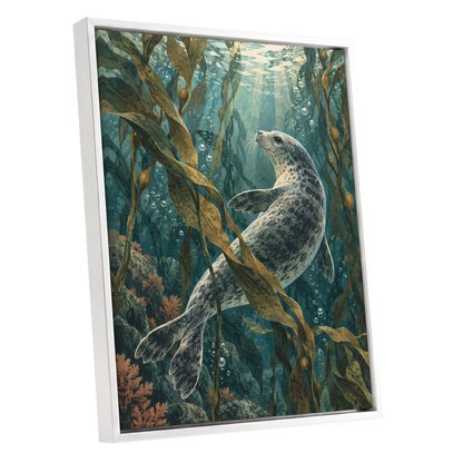 Kelp Forest Drift, blue, green, brown nature wall art shown as a white framed canvas wall art