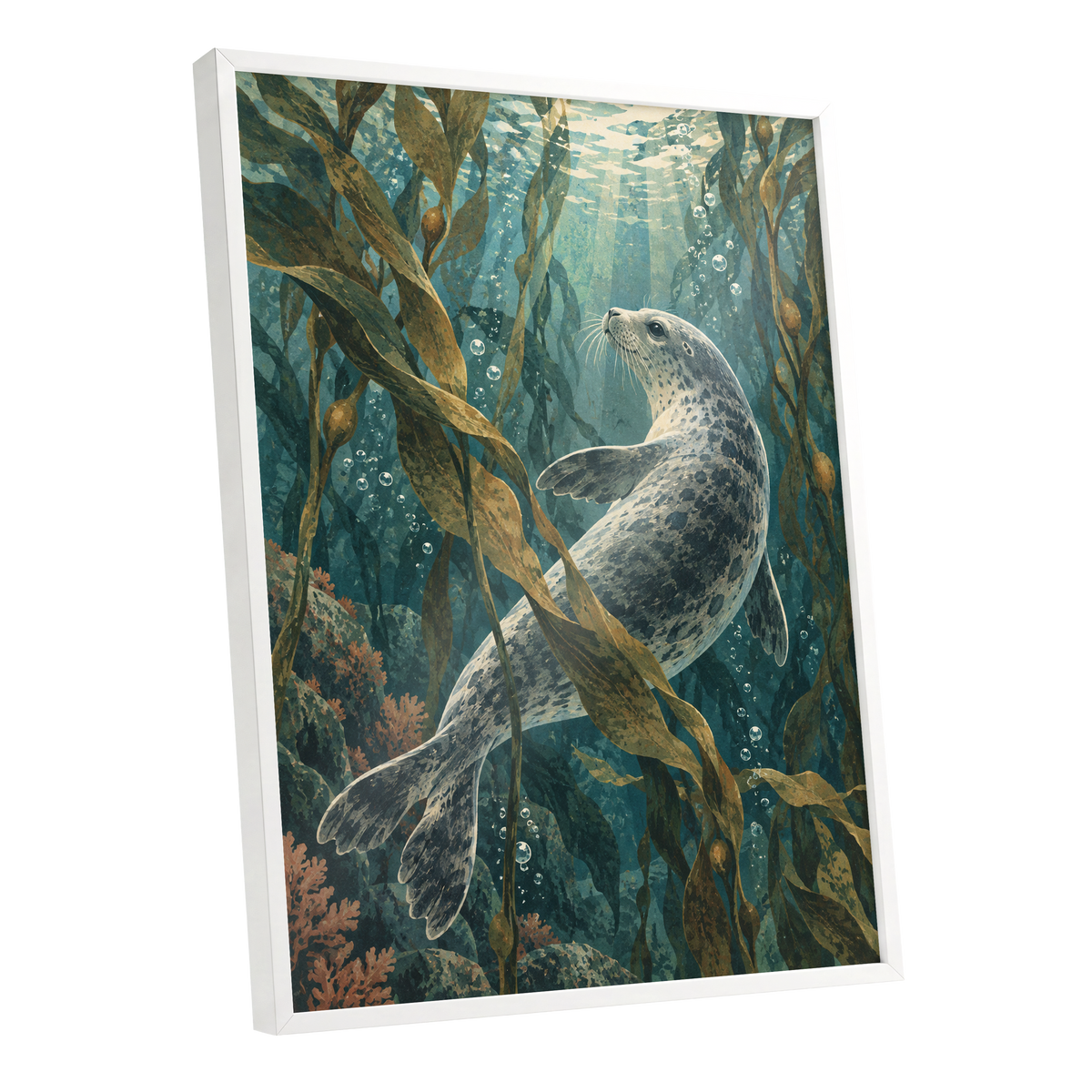 Kelp Forest Drift, blue, green, brown nature wall art shown as a white framed poster wall art print