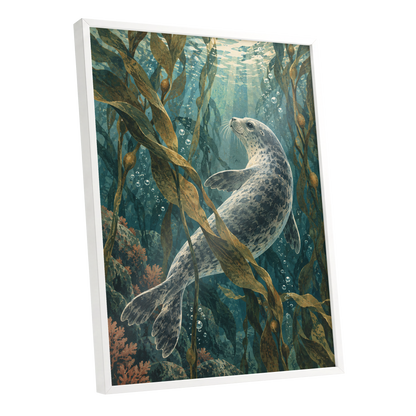 Kelp Forest Drift, blue, green, brown nature wall art shown as a white framed poster wall art print