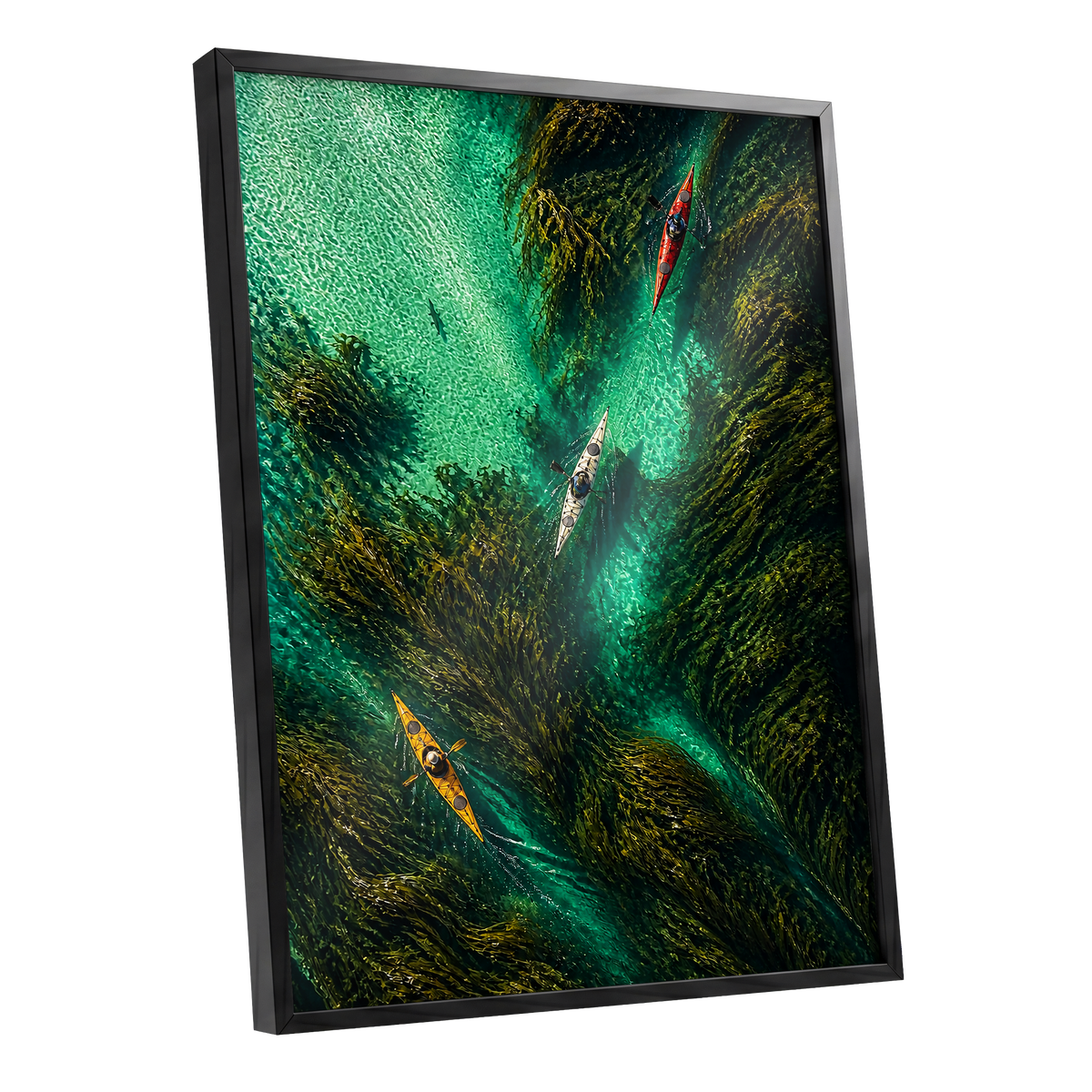 Kelpwater Passage, green, blue, black nature wall art shown as a black framed poster wall art print