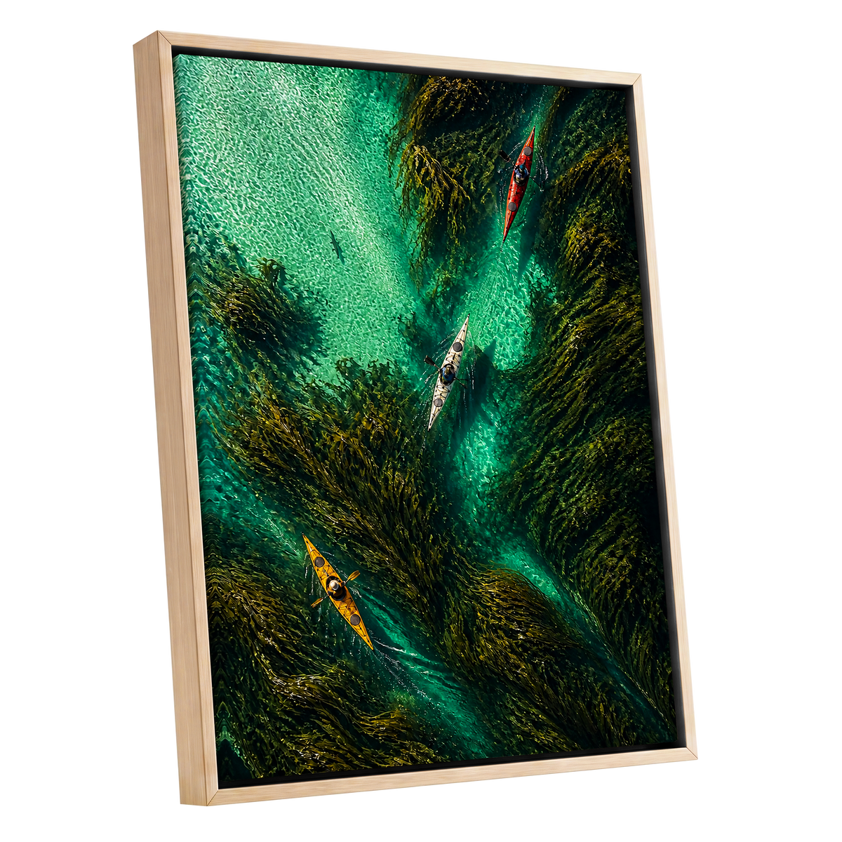 Kelpwater Passage, green, blue, black nature wall art shown as a oak framed canvas wall art