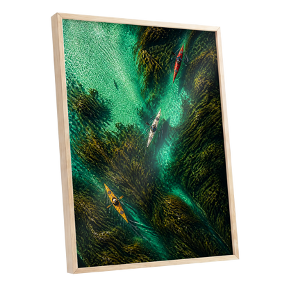 Kelpwater Passage, green, blue, black nature wall art shown as a oak framed poster wall art print