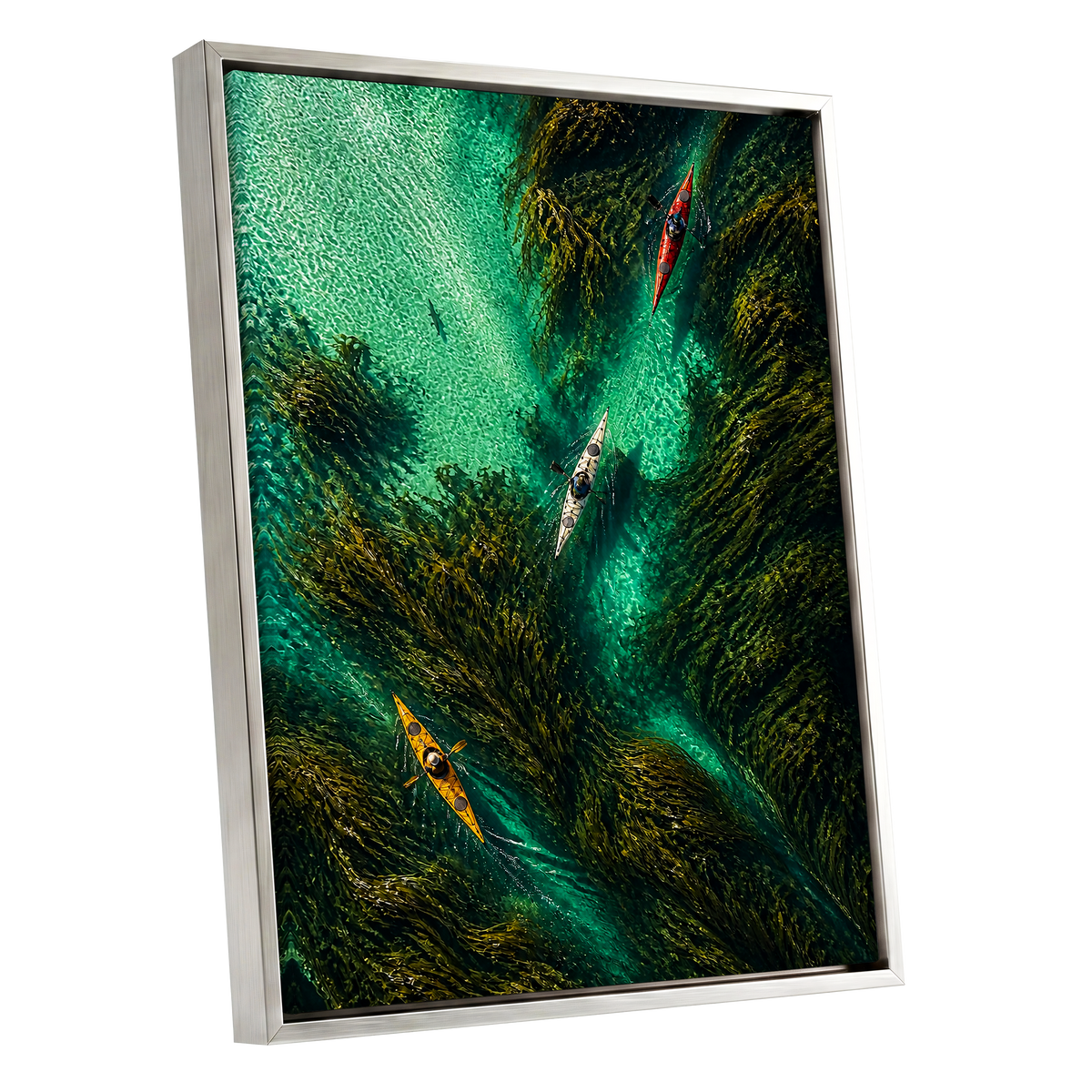 Kelpwater Passage, green, blue, black nature wall art shown as a silver framed canvas wall art