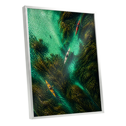 Kelpwater Passage, green, blue, black nature wall art shown as a silver framed poster wall art print