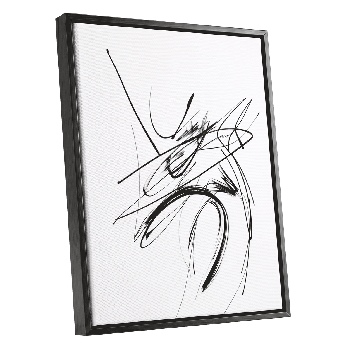 Kinetic Linework: gestural abstract canvas in a black floating frame, with sweeping black brushstrokes, fine grey lines and energetic intersecting marks on white.