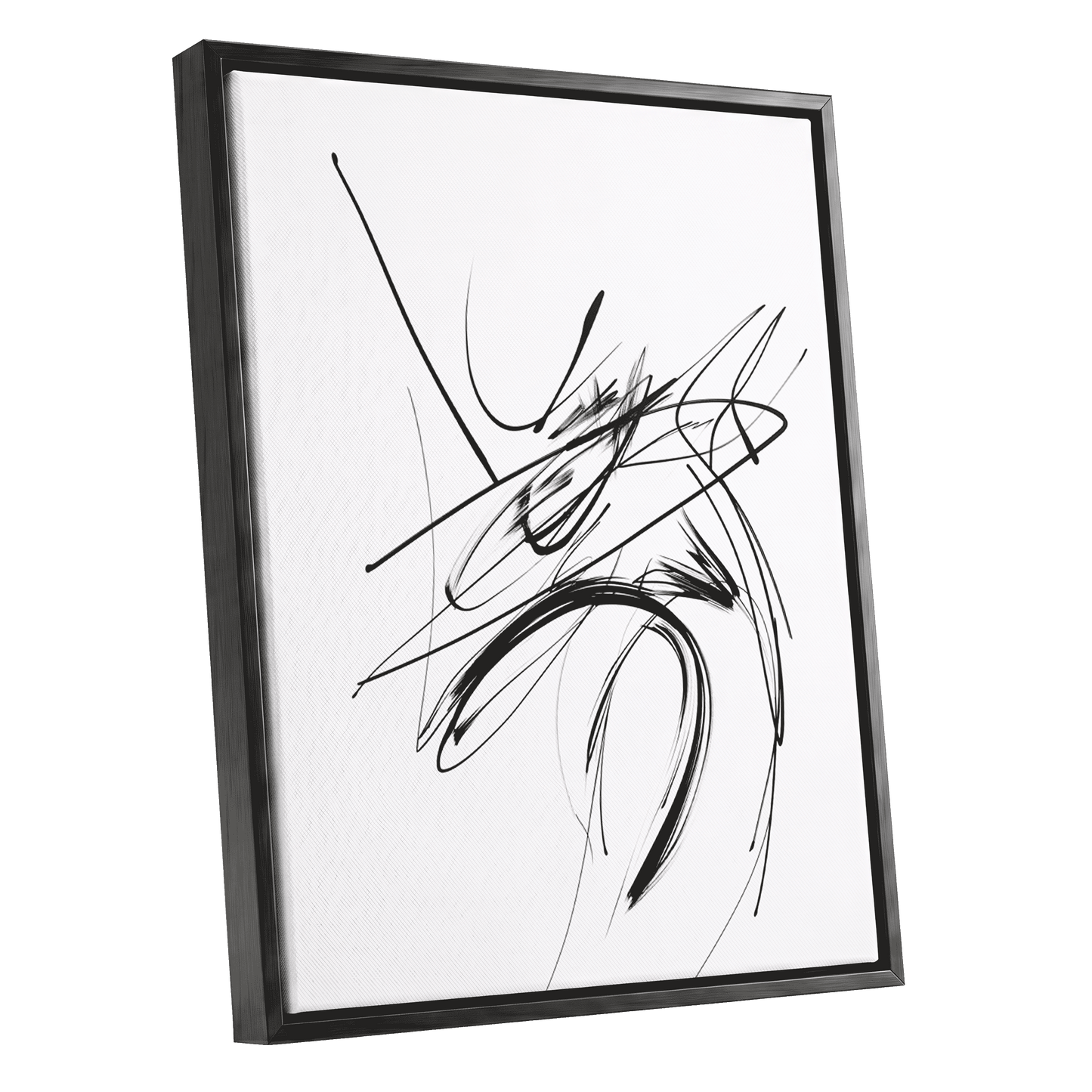 Kinetic Linework, black, white, gray abstract wall art shown as a black framed canvas wall art