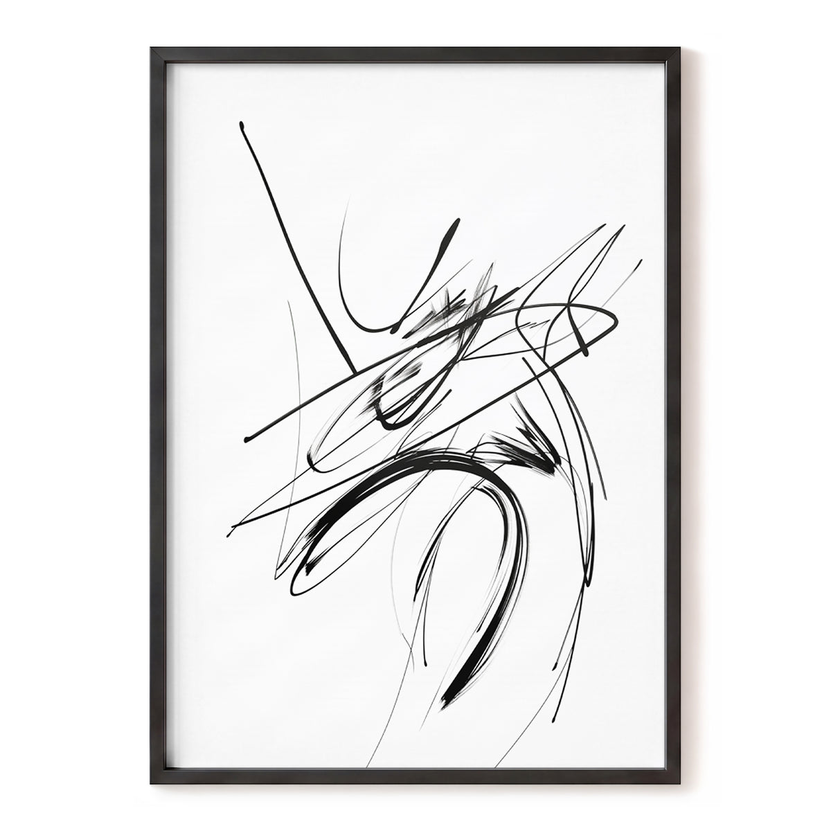 Kinetic Linework: black-framed gestural abstract artwork with sweeping black brushstrokes, fine grey pencil lines and energetic intersecting marks on a crisp white background.