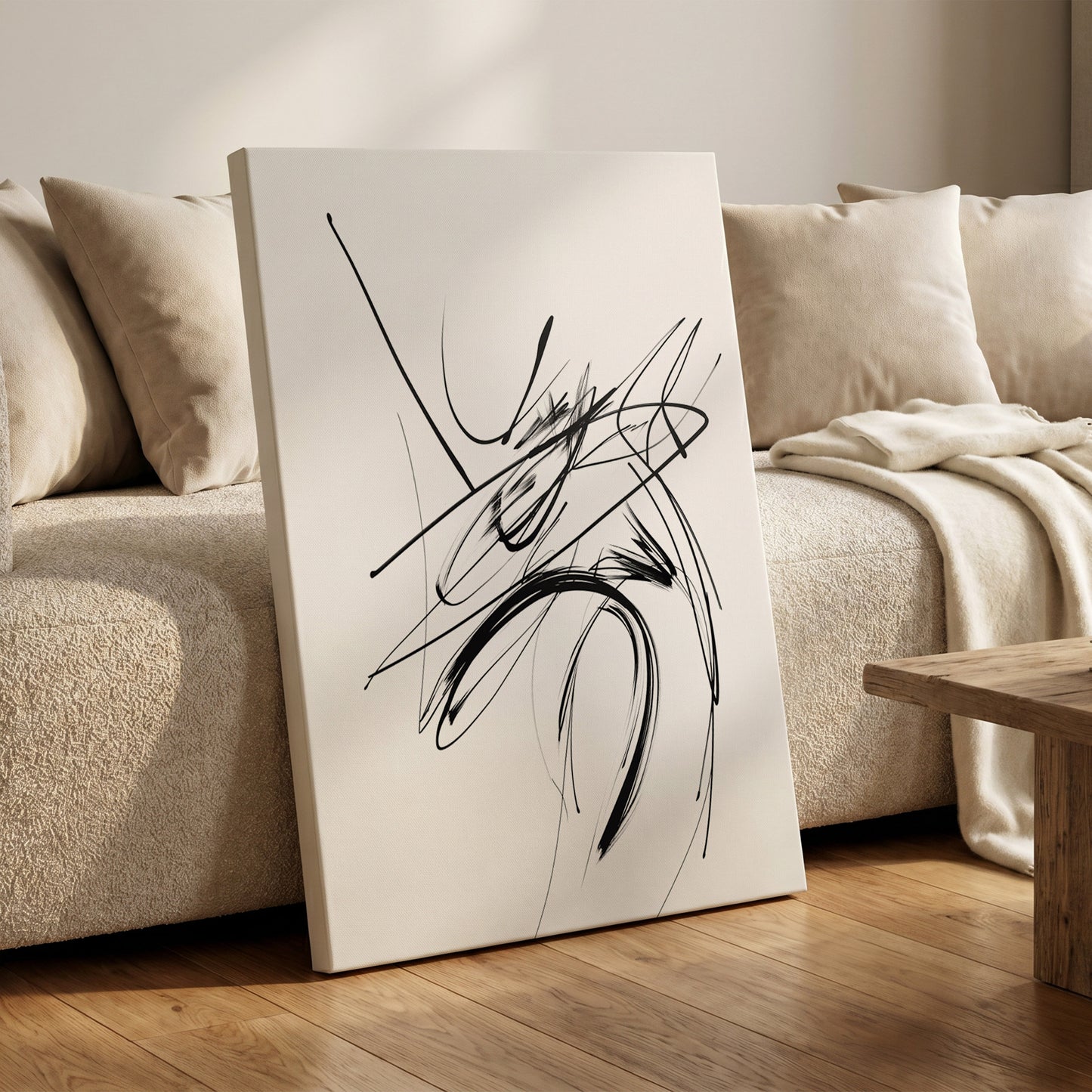Kinetic Linework, black, white, gray abstract wall art on canvas displayed in a styled interior, gallery view 1
