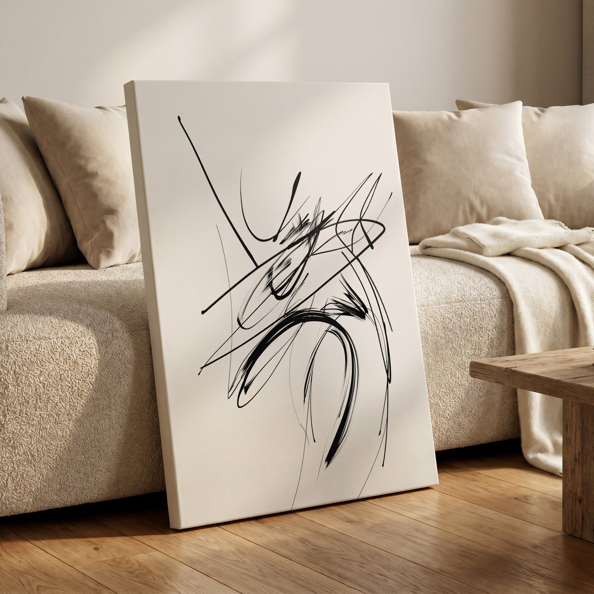 Kinetic Linework, black, white, gray abstract wall art on canvas displayed in a styled interior, gallery view 1