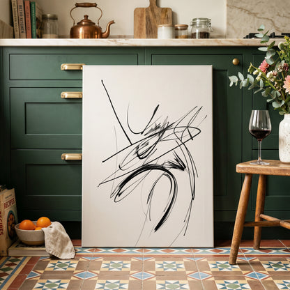 Kinetic Linework, black, white, gray abstract wall art on canvas displayed in a styled interior, gallery view 2