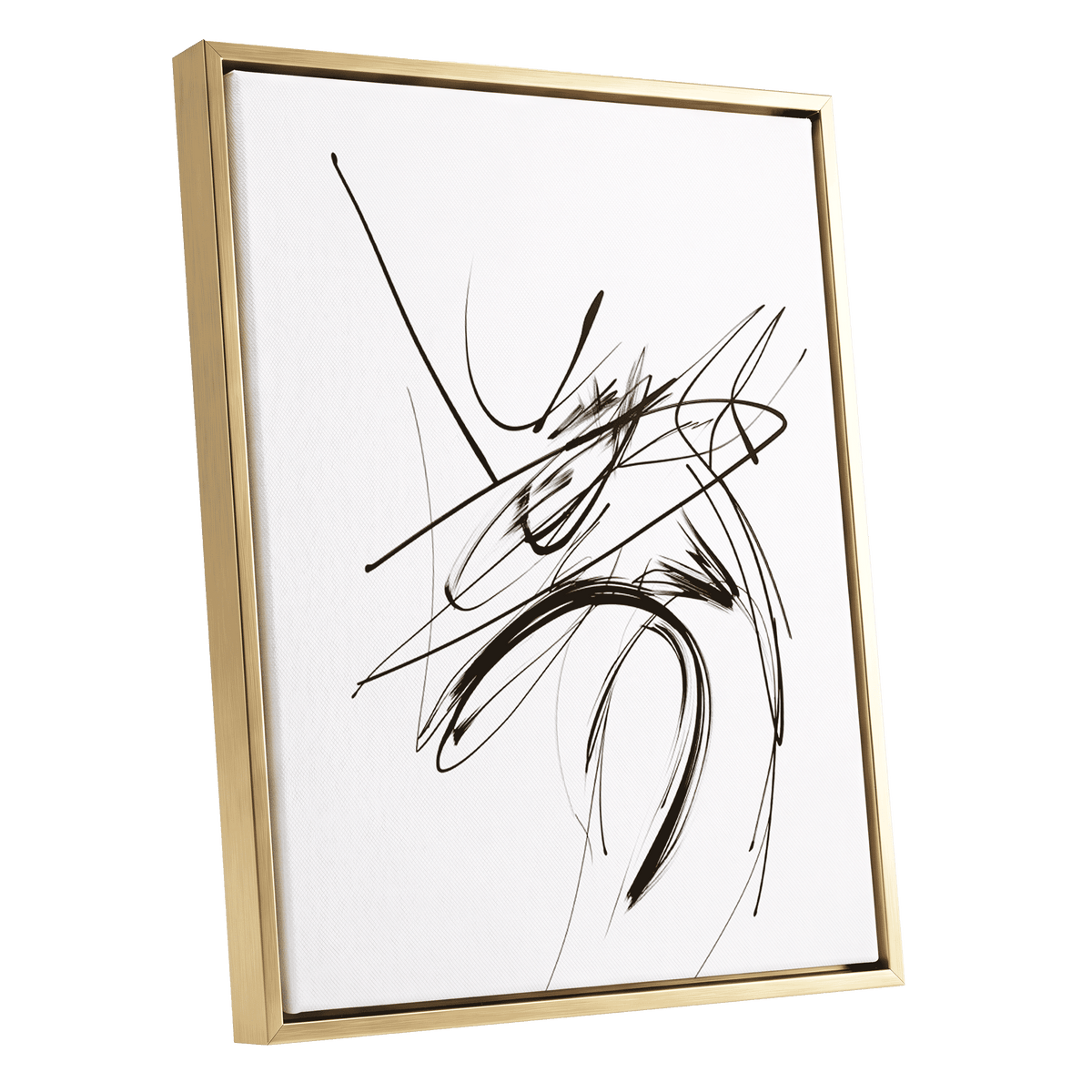Kinetic Linework: gestural abstract canvas in a gold floating frame, with sweeping black brushstrokes, fine grey lines and energetic intersecting marks on white.