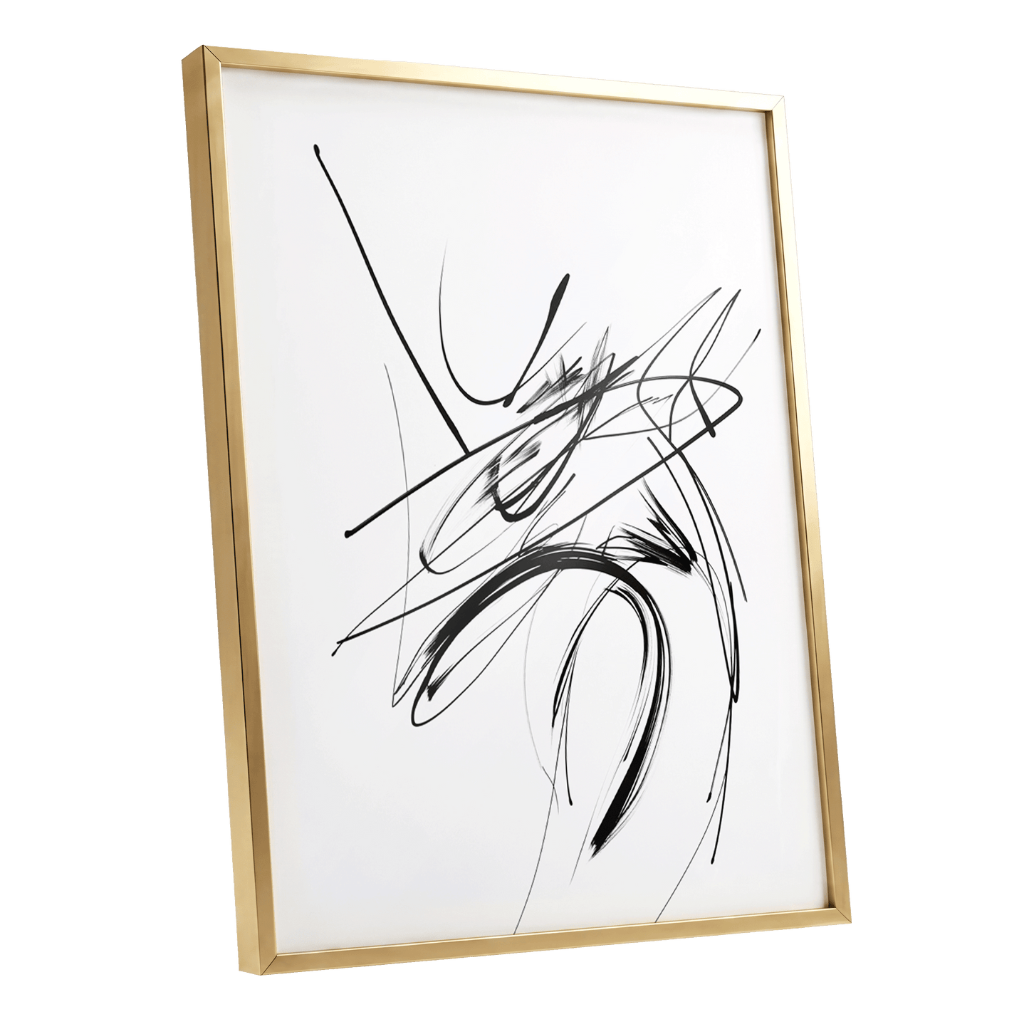 Kinetic Linework, black, white, gray abstract wall art shown as a gold framed poster wall art print