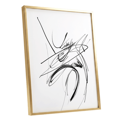 Kinetic Linework, black, white, gray abstract wall art shown as a gold framed poster wall art print