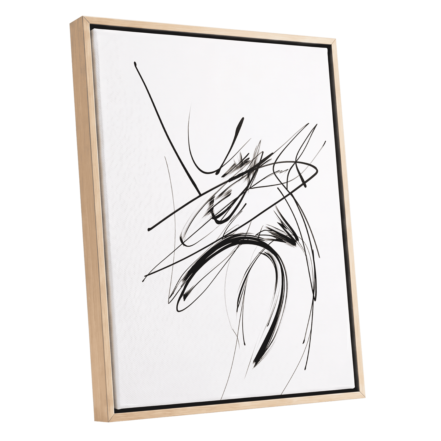 Kinetic Linework, black, white, gray abstract wall art shown as a oak framed canvas wall art