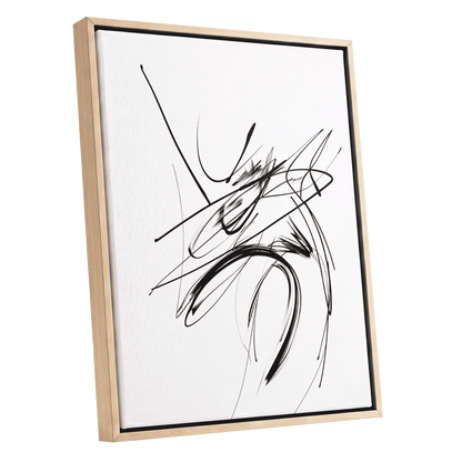 Kinetic Linework, black, white, gray abstract wall art shown as a oak framed canvas wall art