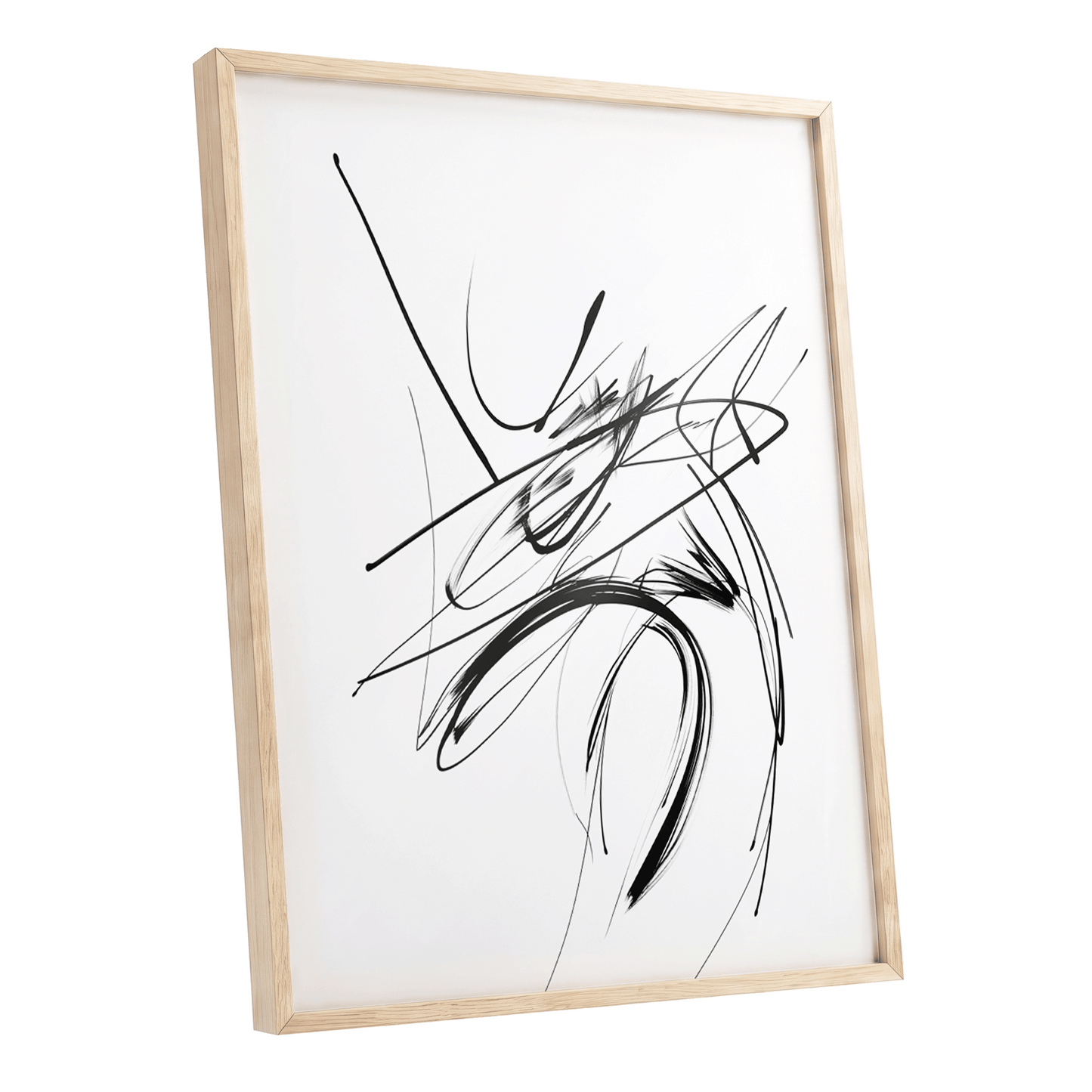 Kinetic Linework, black, white, gray abstract wall art shown as a oak framed poster wall art print