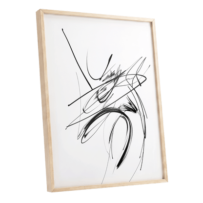 Kinetic Linework, black, white, gray abstract wall art shown as a oak framed poster wall art print