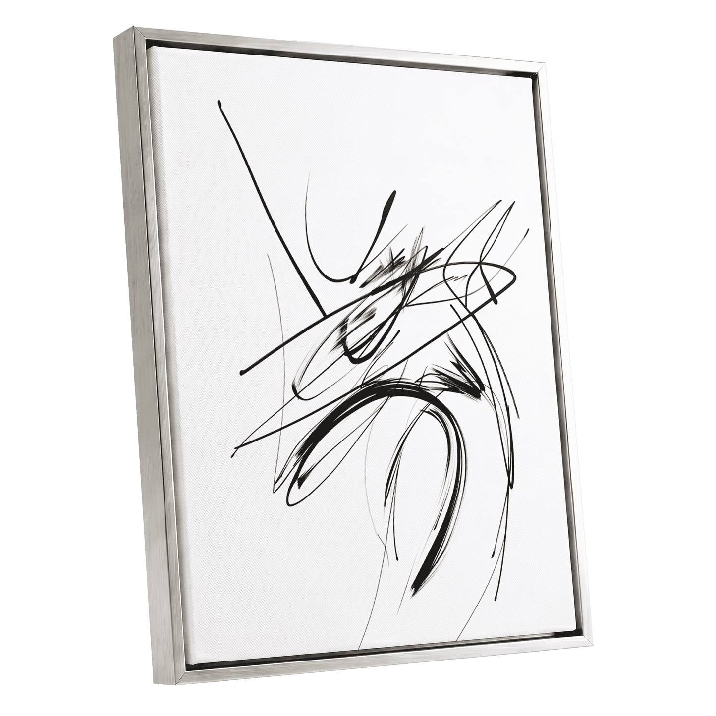 Kinetic Linework, black, white, gray abstract wall art shown as a silver framed canvas wall art