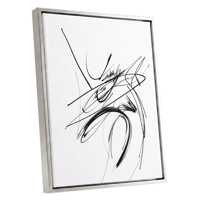 Kinetic Linework, black, white, gray abstract wall art shown as a silver framed canvas wall art