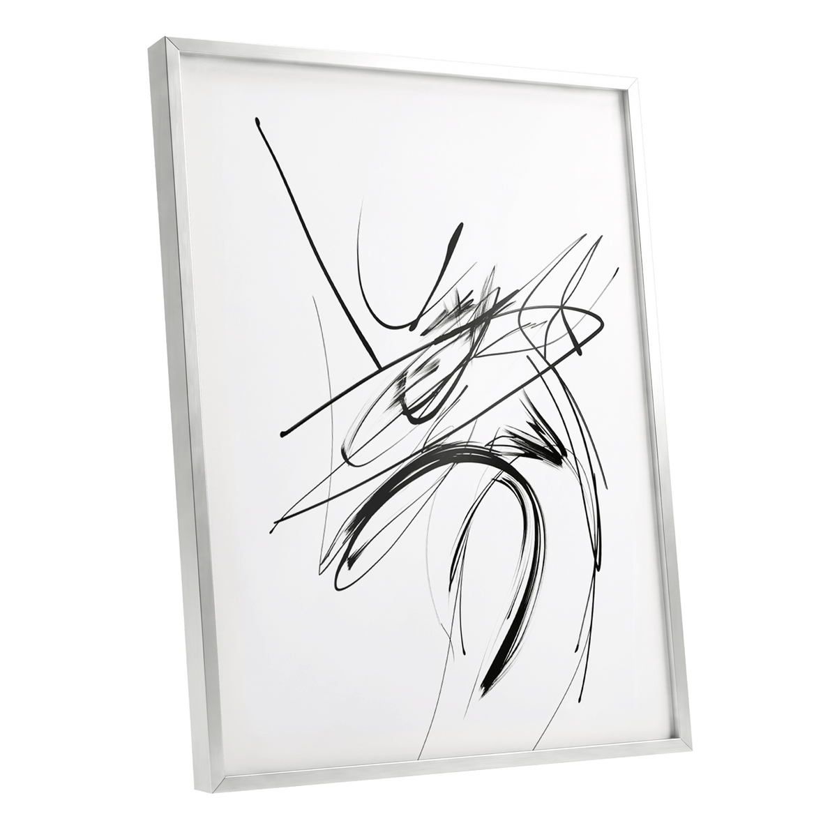 Kinetic Linework: slim silver-framed gestural abstract artwork with sweeping black brushstrokes, fine grey lines and energetic intersecting marks on white, shown at an angle.