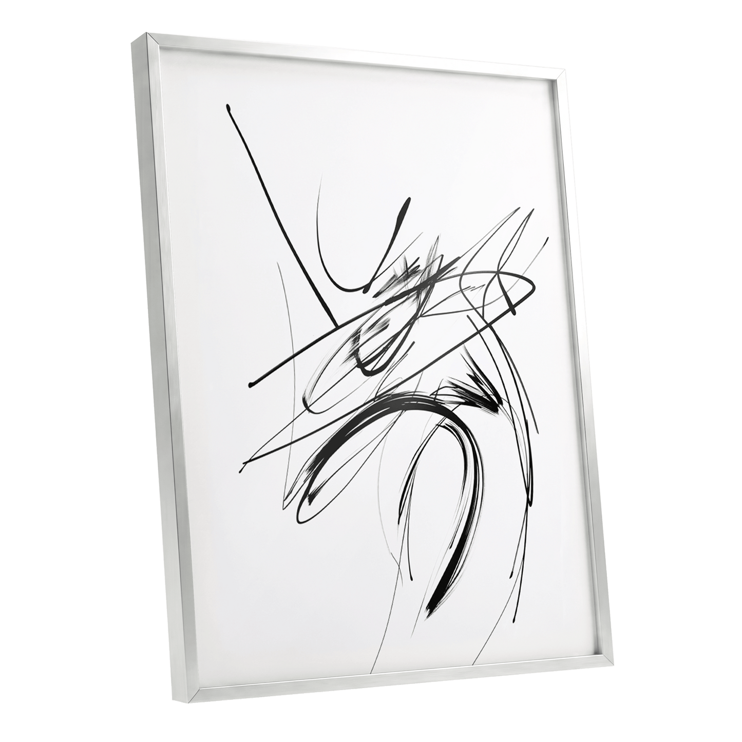 Kinetic Linework, black, white, gray abstract wall art shown as a silver framed poster wall art print