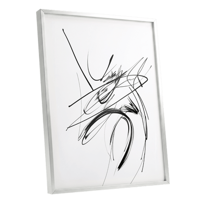 Kinetic Linework, black, white, gray abstract wall art shown as a silver framed poster wall art print