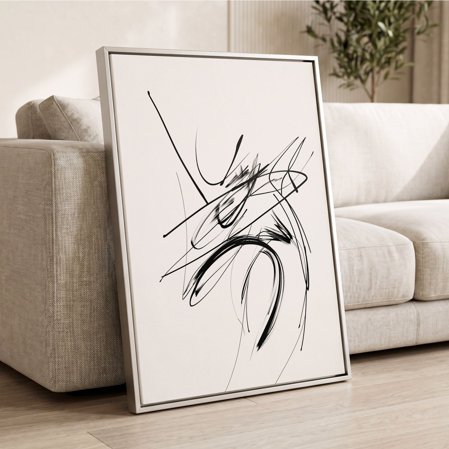Kinetic Linework, black, white, gray abstract wall art displayed in a styled interior, gallery view 2