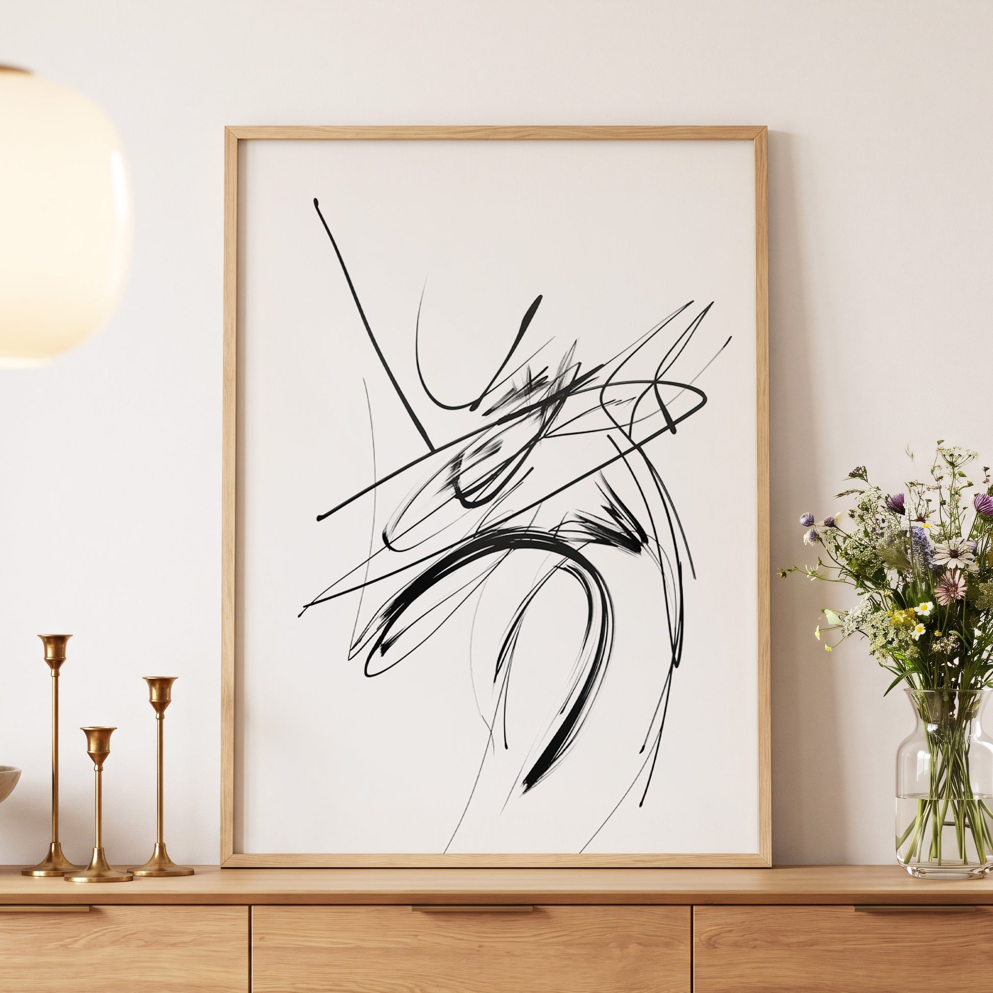 Kinetic Linework, black, white, gray abstract wall art displayed in a styled interior, gallery view 5