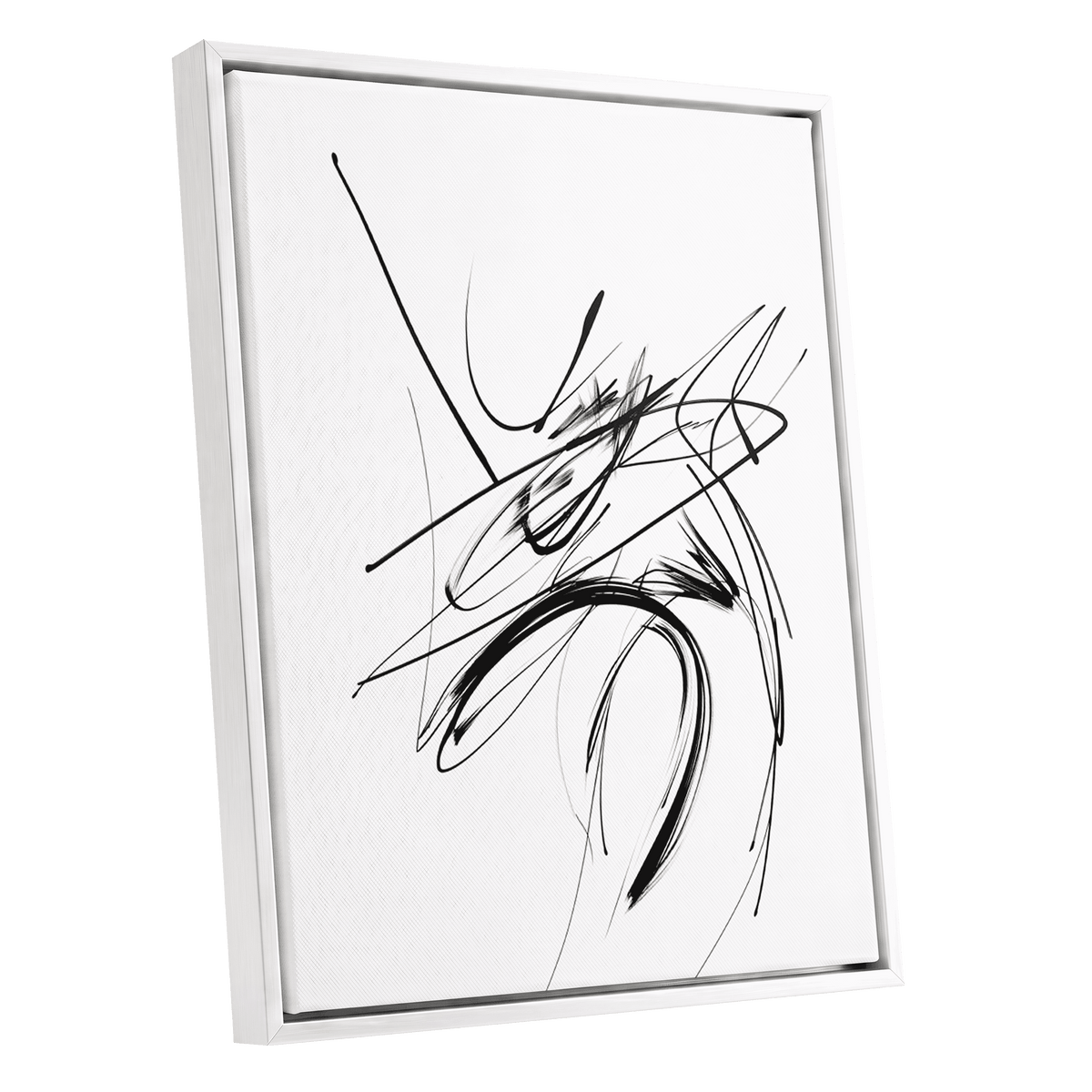 Kinetic Linework: gestural abstract canvas in a white floating frame, with sweeping black brushstrokes, fine grey lines and energetic intersecting marks on white.