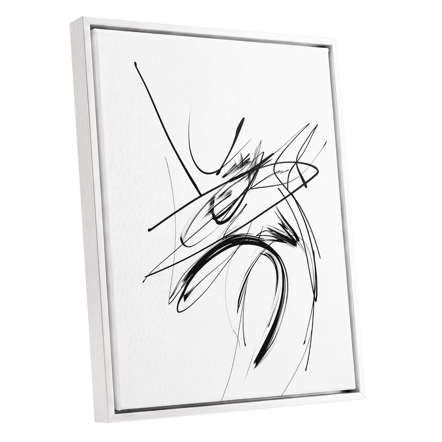 Kinetic Linework, black, white, gray abstract wall art shown as a white framed canvas wall art