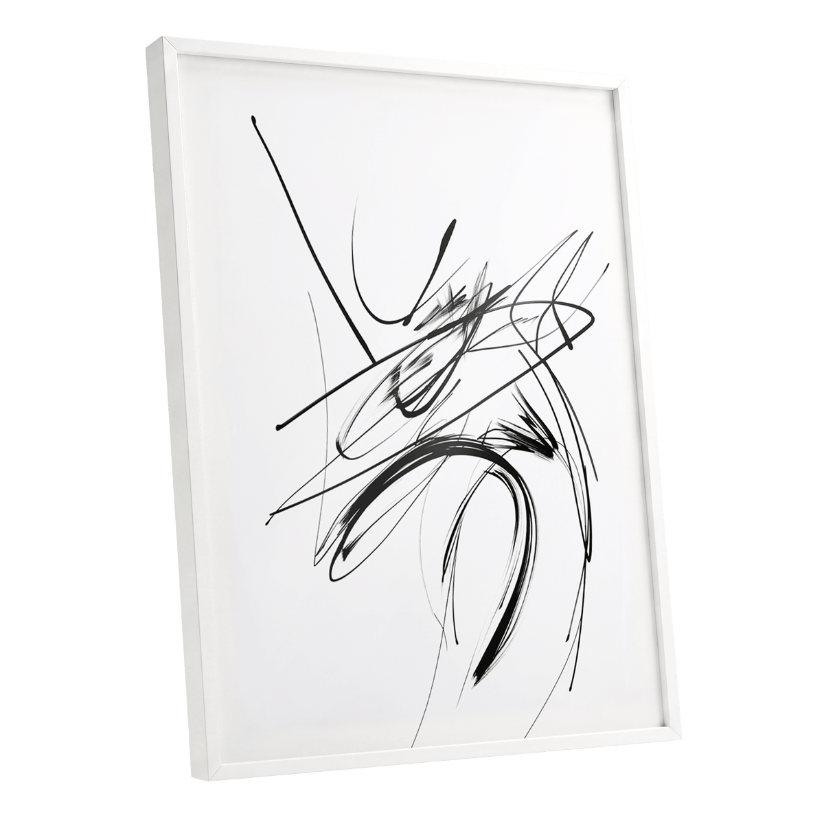 Kinetic Linework: white-framed gestural abstract artwork with sweeping black brushstrokes, fine grey lines and energetic intersecting marks on white, shown at an angle.