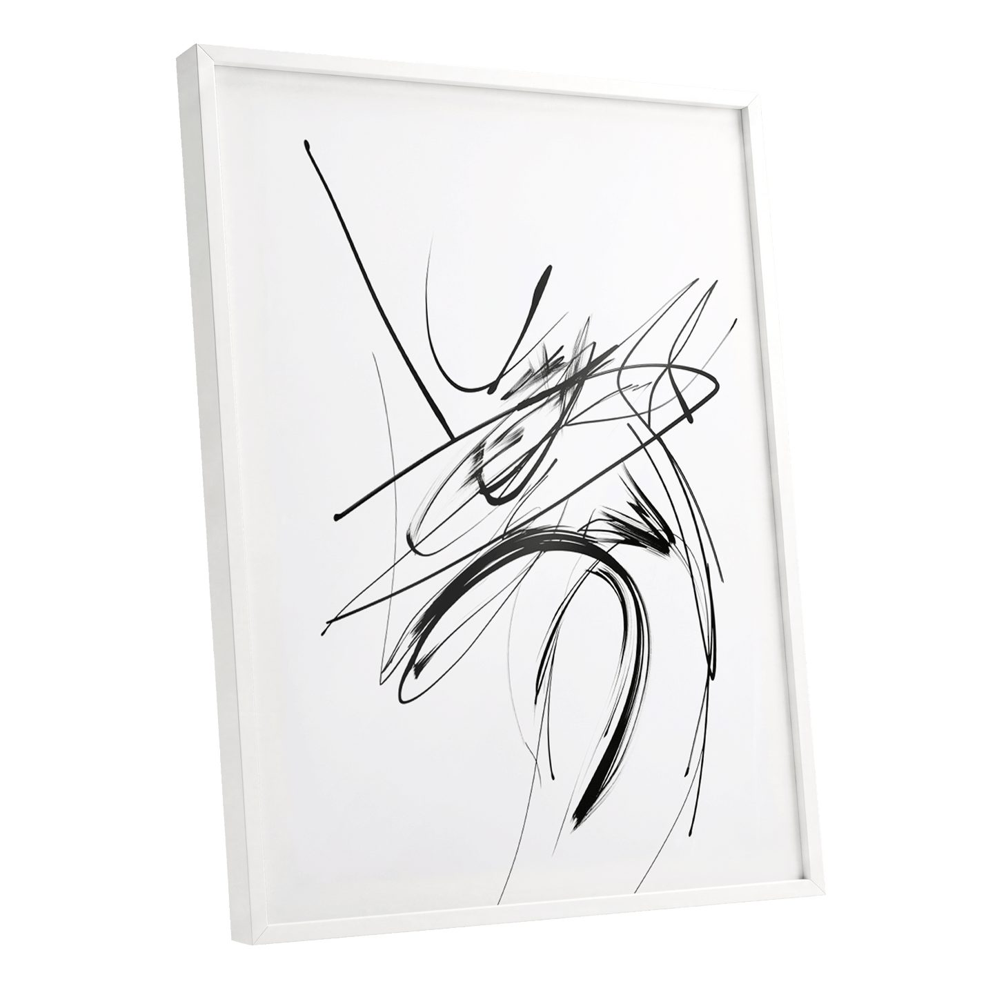 Kinetic Linework, black, white, gray abstract wall art shown as a white framed poster wall art print