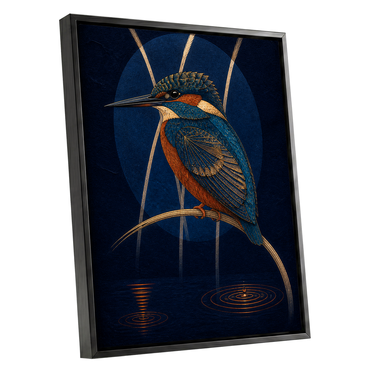 Kingfisher After Dark, blue, orange, gold nature wall art shown as a black framed canvas wall art