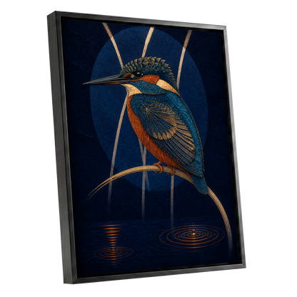 Kingfisher After Dark, blue, orange, gold nature wall art shown as a black framed canvas wall art
