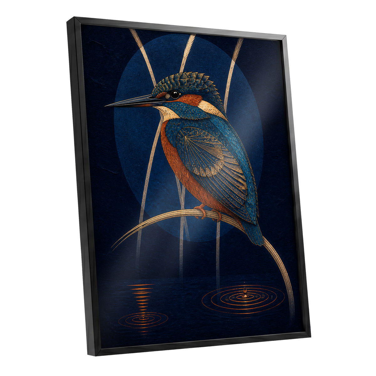 Kingfisher After Dark, blue, orange, gold nature wall art shown as a black framed poster wall art print