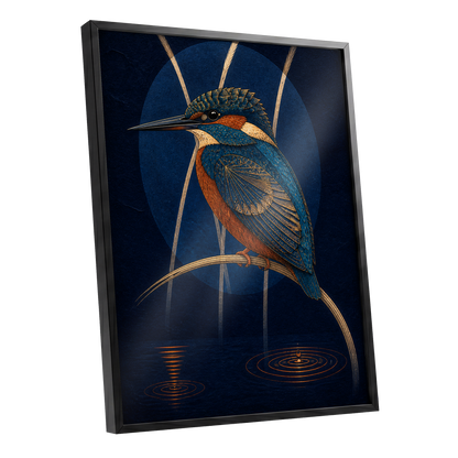 Kingfisher After Dark, blue, orange, gold nature wall art shown as a black framed poster wall art print